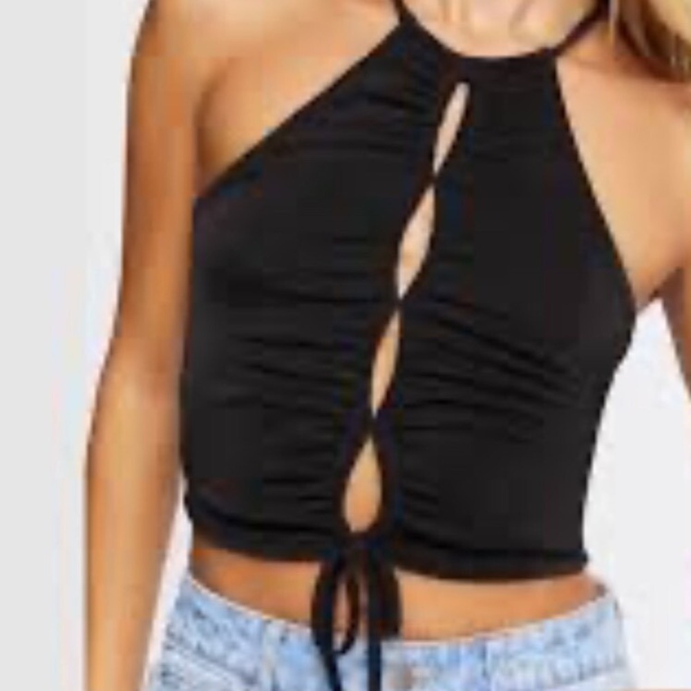 Royalty by Maluma Halter Top Ruched Keyhole Sleeveless Top Sz Medium‎ Black NEW